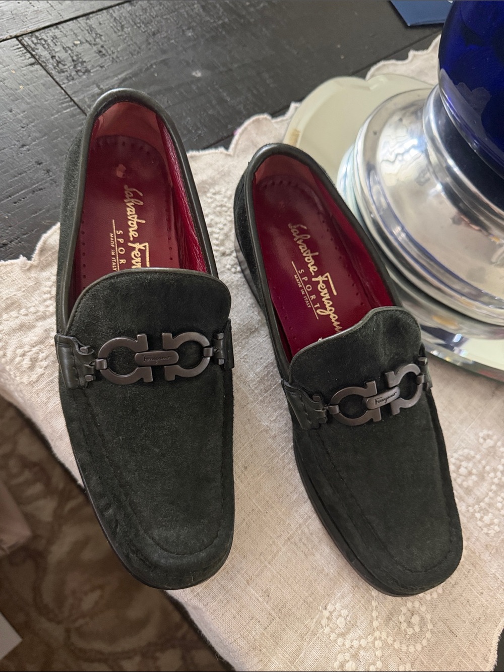 Salvatore Ferragamo Men’s Dark Green Suede Gancini Bit Loafers